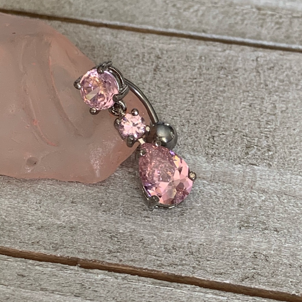 Pink Tear Drop Reverse Dangle Navel Ring 16 Gauge Belly Button Ring